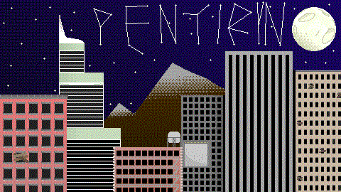 Pixel art of a city. The windows of the buildings link to different pages on the site.